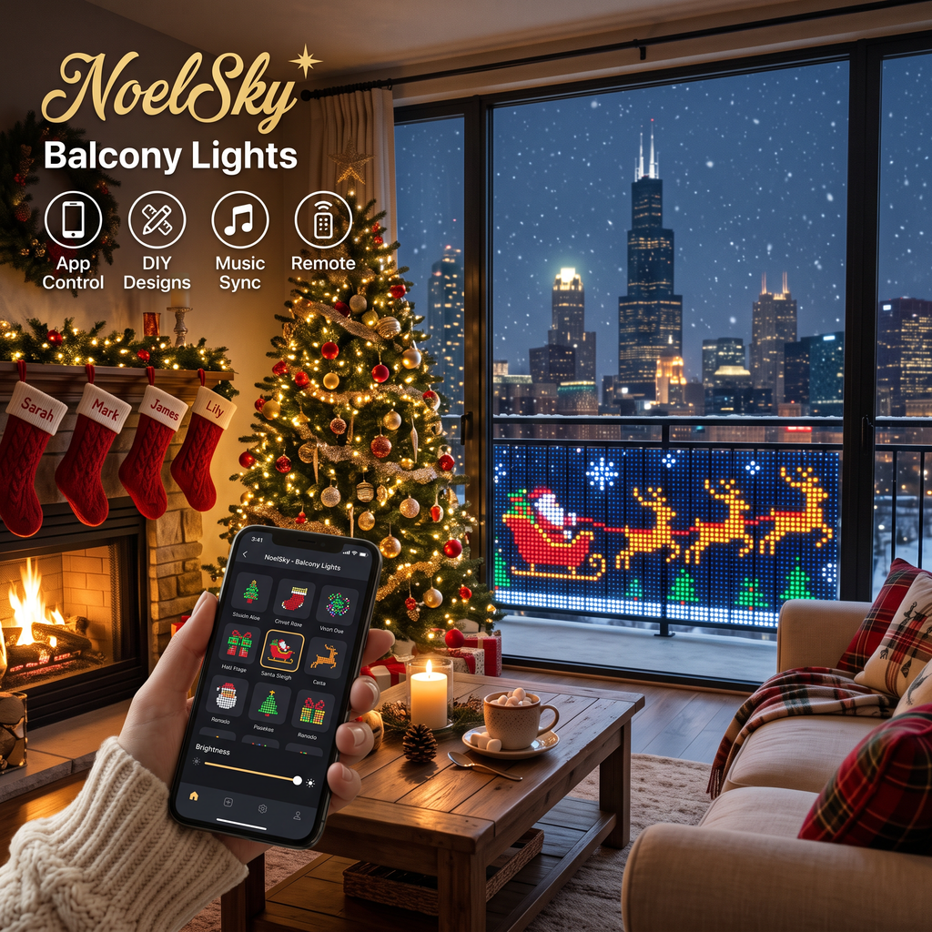 NoelSky Balcony Lights – animated Santa sleigh on a city apartment balcony, controlled from the app