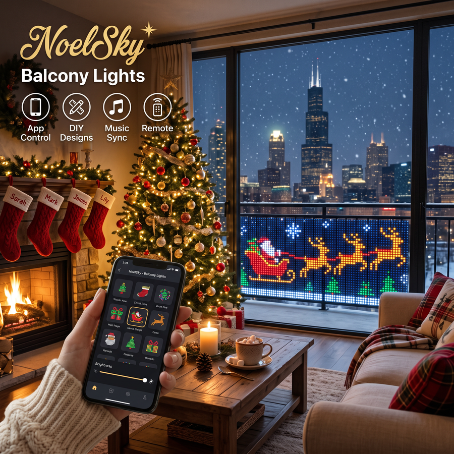 NoelSky Balcony Lights on a city apartment balcony at Christmas