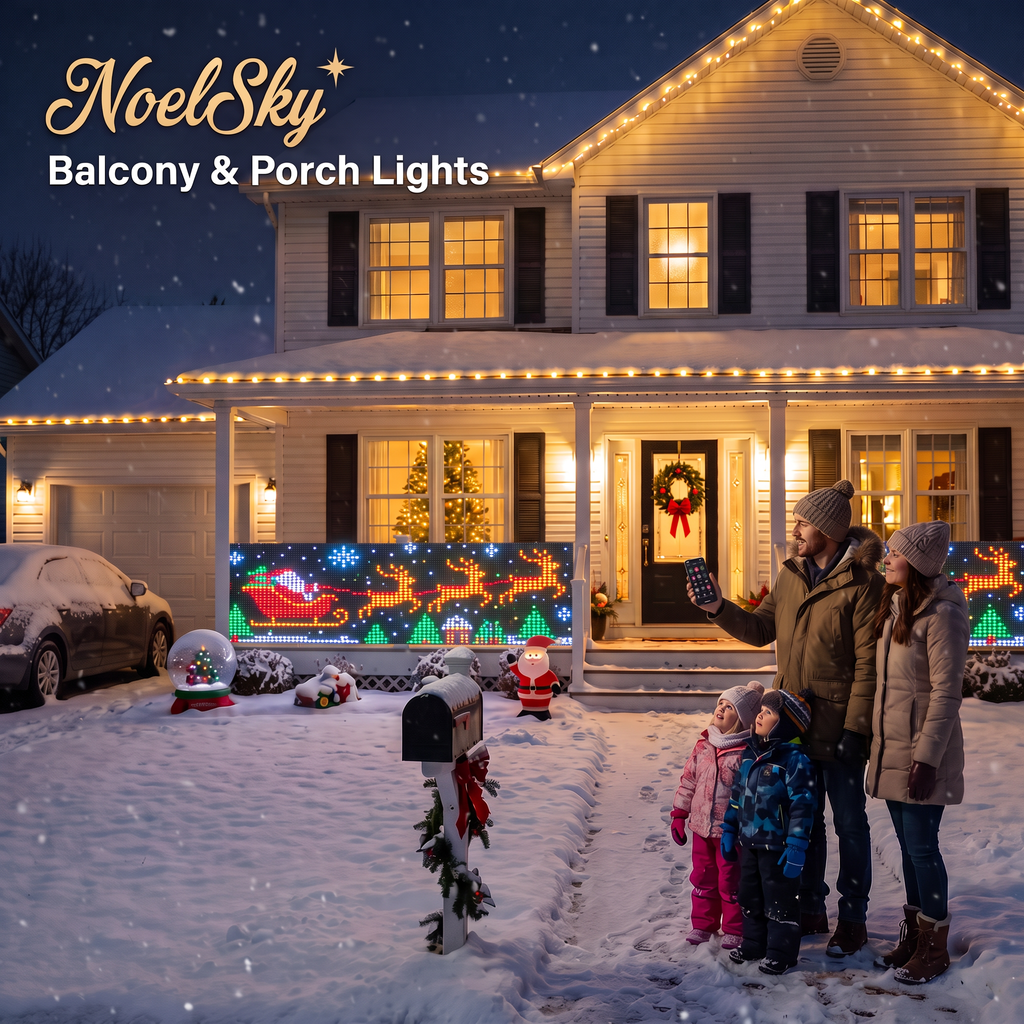 NoelSky lights across the whole front porch railing of a suburban house, family watching Santa's sleigh