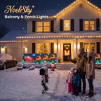 NoelSky lights across the whole front porch railing of a suburban house, family watching Santa's sleigh