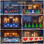 Six designs on NoelSky lights: Santa sleigh, snowman, snowflakes, Christmas trees, Christmas village and hearts