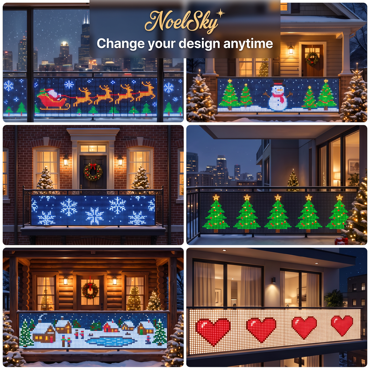 Six designs on NoelSky lights: Santa sleigh, snowman, snowflakes, Christmas trees, Christmas village and hearts