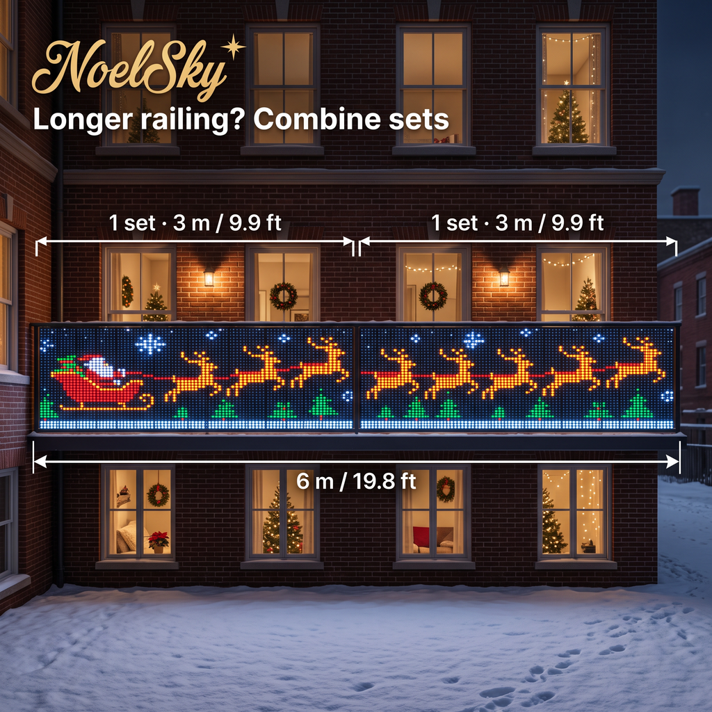 Size guide: one NoelSky set is about 3 m / 9.9 ft – two sets cover a 6 m / 19.8 ft balcony railing
