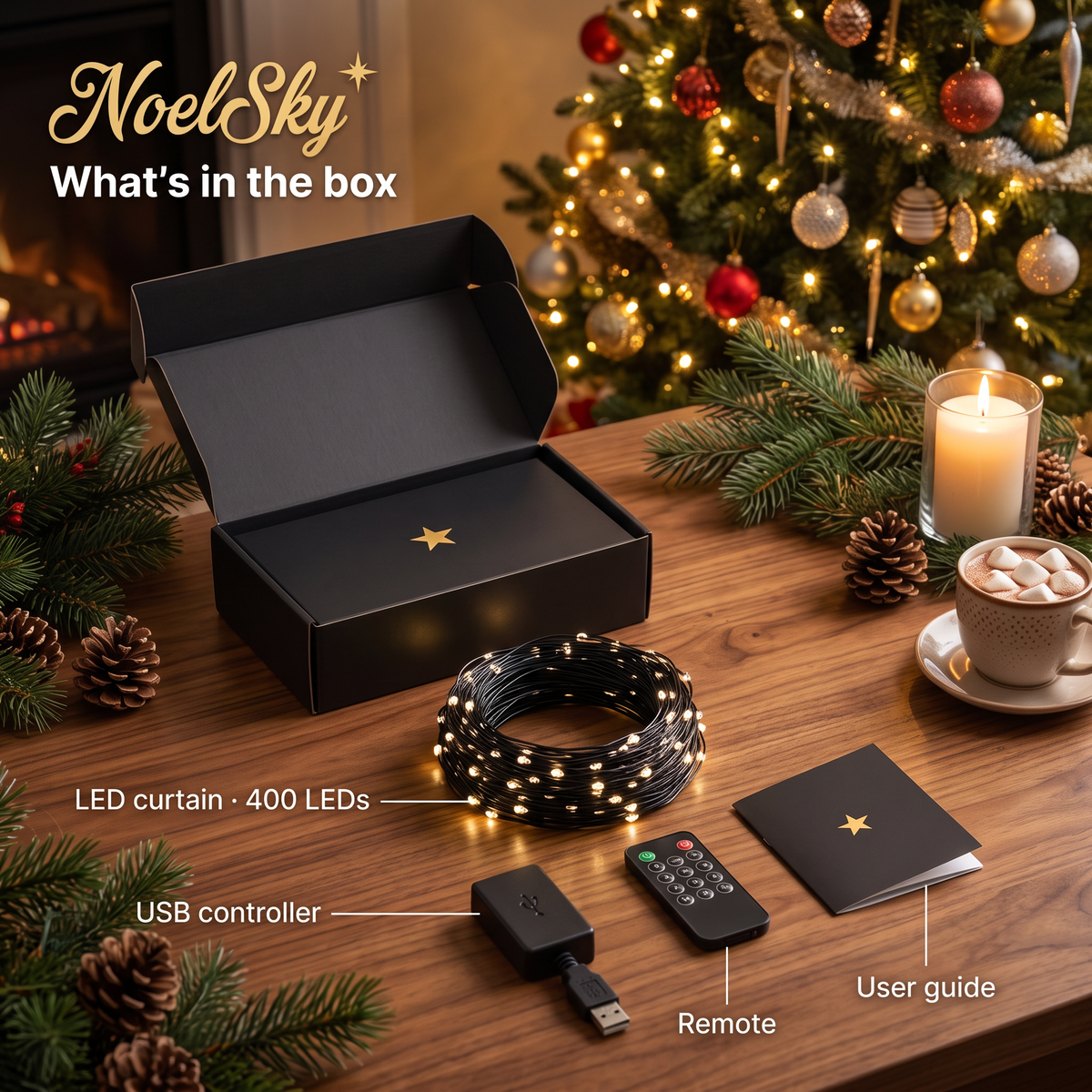 What is in the box: NoelSky LED curtain with 400 LEDs, USB controller, remote control and user guide