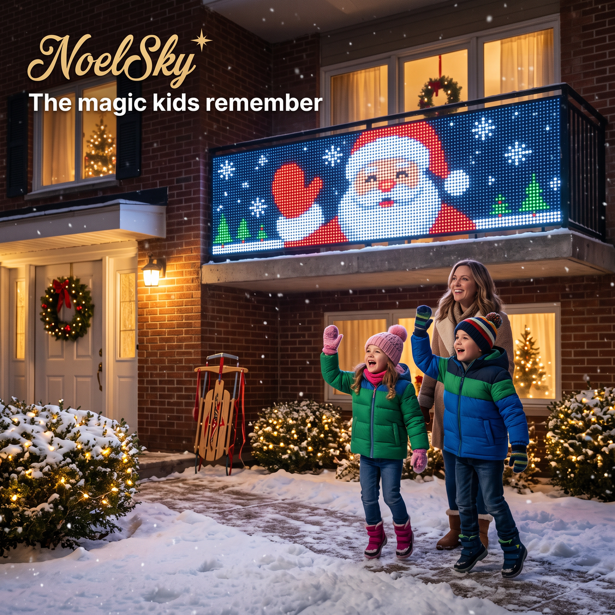 Kids waving at a waving Santa on NoelSky lights covering a low balcony railing
